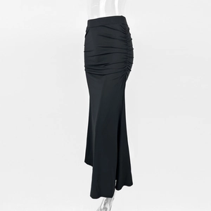 Detail view of high waist black ruched skirt with elegant side pleats and slim fit