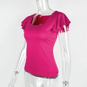 Detail of rose red slim fit top with elegant ruffle sleeves and wide round neck