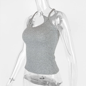 Close-up of gray cotton ribbed knit fabric on a slim fit U-neck tank top for women