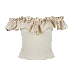 Close-up of off-white off-shoulder top featuring ruffled trim and ribbed knit texture