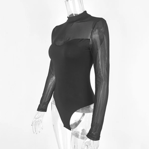 Detail of black bodysuit featuring sheer mesh sleeves and opaque bodice on a mannequin