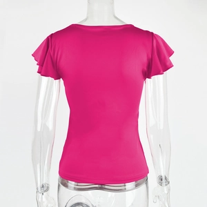 Detail of elegant double-layered ruffle sleeves on a slim-fit rose red summer top for women