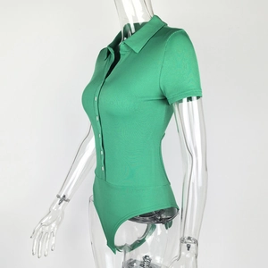 Detail of ribbed knit bodysuit in lime green with polo collar and button placket
