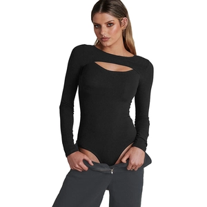Women Sexy Cutout Ribbed Bodysuit Long Sleeve Slim Fit Cotton Blend Rib Knit Solid Black Jumpsuit Top Fashion Streetwear