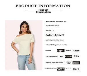 Detailed fabric specifications and sizing chart for apricot off-shoulder slim-fit top