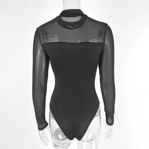Back view of a black bodysuit featuring sheer mesh panels and long sleeves on a mannequin