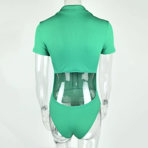 Rear view of green ribbed knit bodysuit featuring a deep open back and collar detail