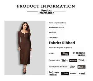 Detailed view of the dark coffee ribbed knit fabric and texture for long sleeve dress