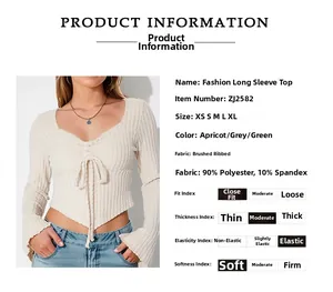 Detail of ribbed V-neck crop top with drawstring and flared sleeves in apricot