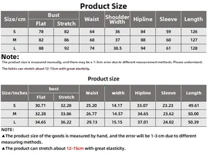 Detailed size chart for long sleeve square neck dress including S, M, L measurements
