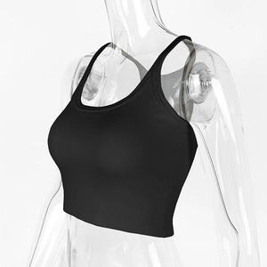 Close-up of black ribbed cotton U-neck cropped tank top fabric texture on a mannequin