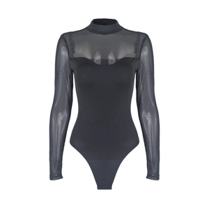 Slim fit black bodysuit for women with sheer mesh sleeves and chic mock neck design