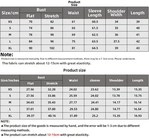 Detailed size chart for V-neck drawstring crop top including bust and sleeve measurements