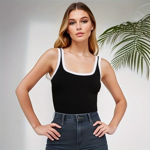 Women Contrast Color Bodysuit Sexy Slim Fit Sleeveless U-Neck Backless Ribbed Polyester Spandax Casual Summer Jumpsuit Top