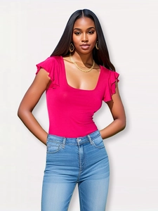 Slim fit square neck rose red t-shirt with ruffle sleeves for women summer casual fashion