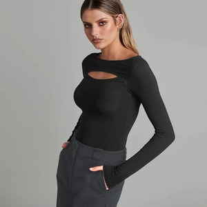 Detail view of the hollow-out chest design on a slim-fit black long-sleeve bodysuit