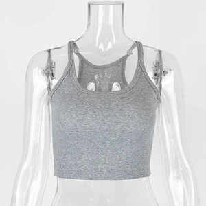 Close-up of gray ribbed cotton crop top featuring a slim fit U-neck sleeveless design