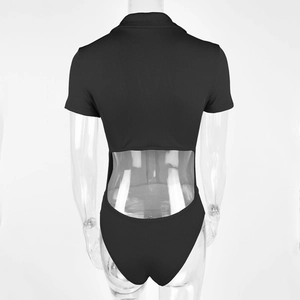 Detail view of the sexy back cutout and ribbed fabric on this black short sleeve bodysuit