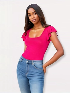 Slim fit rose pink T-shirt with square neck and ruffle sleeves for casual summer wear