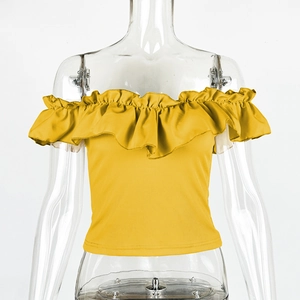 Close-up of yellow off-shoulder top featuring ruffled neckline and ribbed knit texture