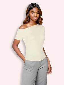 Slim fit off-shoulder solid color top for women in creamy white with a slanted neckline