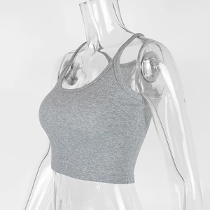 Detail showing the gray ribbed fabric texture and slim straps of this cotton crop top