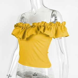Close-up of vibrant yellow off-shoulder top featuring ruffled neckline and ribbed texture