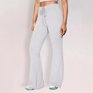 Women's light grey high waisted flared pants with drawstring waist and ruched detailing