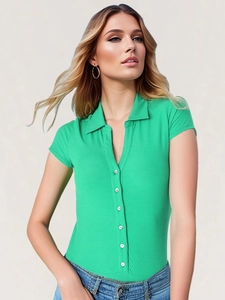 Women's green short sleeve rib knit bodysuit with polo collar and button front detail