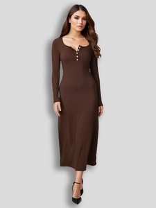 Elegant brown knit maxi dress with button square neck and long sleeves for autumn