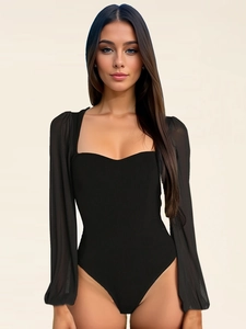 Body nero da donna con maniche a lanterna in mesh velato e scollo a cuore