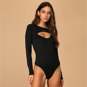 Slim fit black long sleeve bodysuit with elegant front cut-out design for women