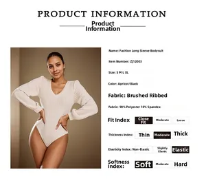 Size chart and fabric details for V-neck lantern sleeve bodysuit with ribbed texture