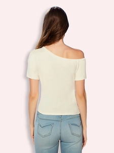 Slim fit cream off-shoulder top with asymmetric neck and short sleeves for women