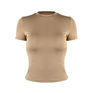 Slim fit khaki crew neck crop top t-shirt for women in elastic knit fabric