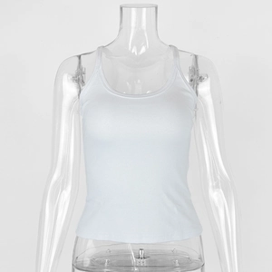 Detailed view of white ribbed cotton tank top fabric and U-neckline on invisible model