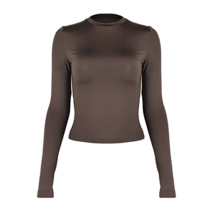 Skims style mocha brown long sleeve slim fit crew neck top for women 2025