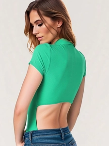 Detail of green ribbed bodysuit featuring a sexy back cutout and short sleeves design