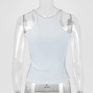 Detail view of the fine ribbed texture and U-neck stitching on the back of this cotton tank top