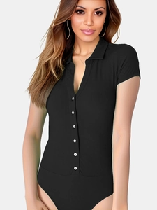 Slim fit black ribbed bodysuit with polo collar and white buttons for summer