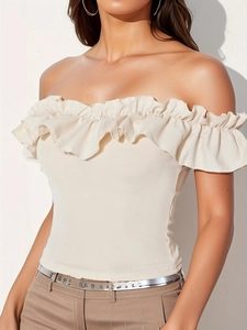 Elegant Polyester Spandex Off The Shoulder Ruffle Top Women Sexy Ribbed Knitted Crop Top Slim Fit Summer Fashion Blouse