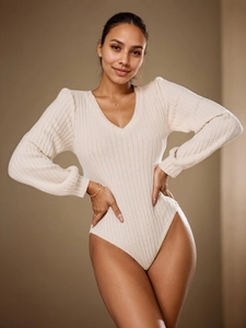 Elegant off-white lantern sleeve V-neck knit bodysuit in slim fit ribbed fabric