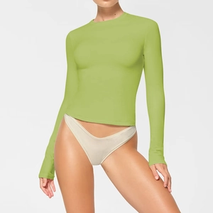 Slim fit long sleeve crew neck t-shirt for women in avocado green soft stretch fabric