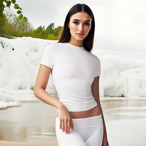 Detail of white slim fit crew neck t-shirt in breathable fabric on a model at the beach