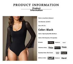 Detailed size chart for black U-neck bodysuit with mesh sleeves and fabric details