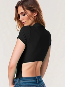 Sexy black backless cutout bodysuit with short sleeves and ribbed fabric for women