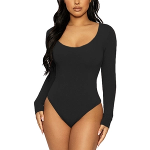 Bodysuit noir ajusté à manches longues et col rond pour femme, style printemps