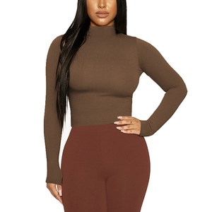 Detail of coffee brown mock neck long sleeve slim fit cropped top in ribbed fabric