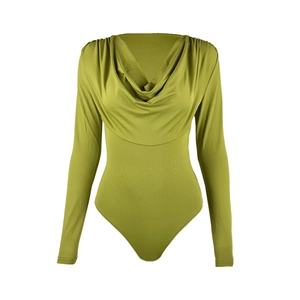 Detail of avocado green long sleeve bodysuit featuring a cowl neck and slim fit design