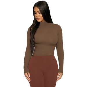 Women's slim fit mock neck long sleeve top in coffee brown stretch knit fabric